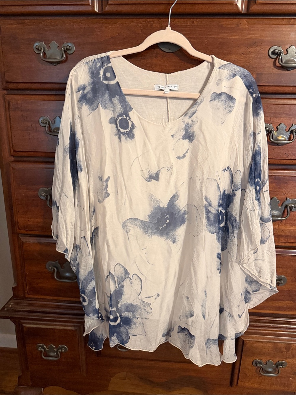 Tempo Paris Cream Scoop-Neck Tunic with Blue Floral Wash